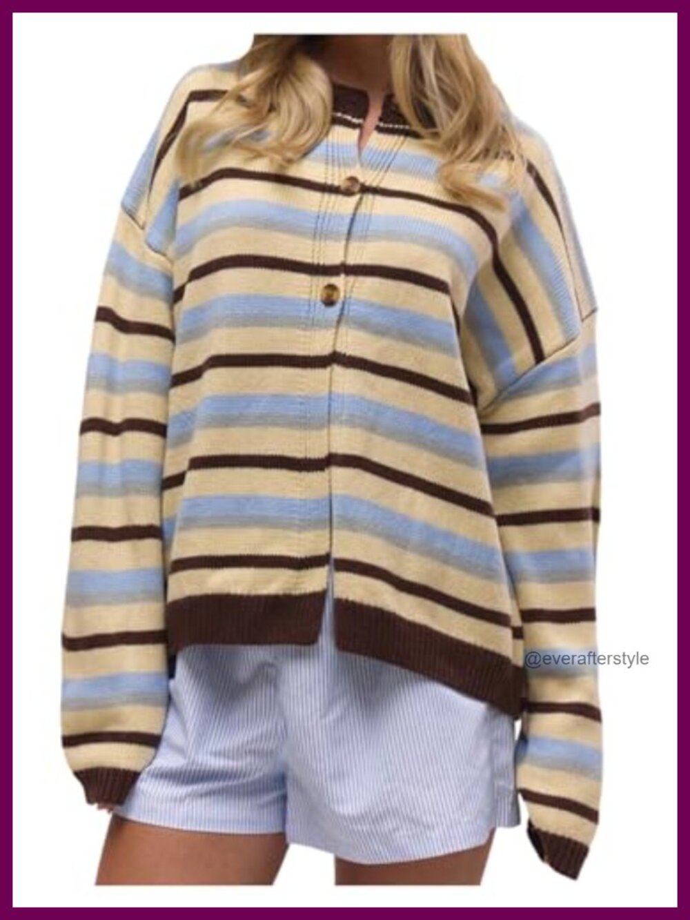 Oversized Striped Button Up Cardigan Sweater Long Sleeve Round Neck Loose Fit